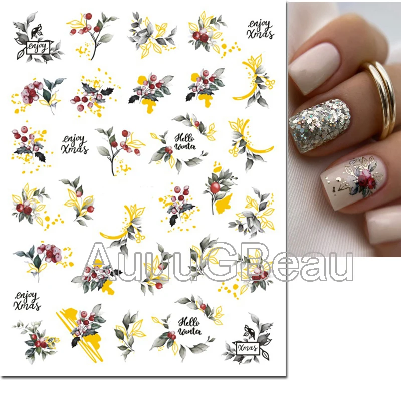 Décalcomanies 3D pour Nail Art, Autocollants Adhésifs pour Manucure, Interconnexion Rétro, Fleurs Grises, Feuilles, Lettres, Message