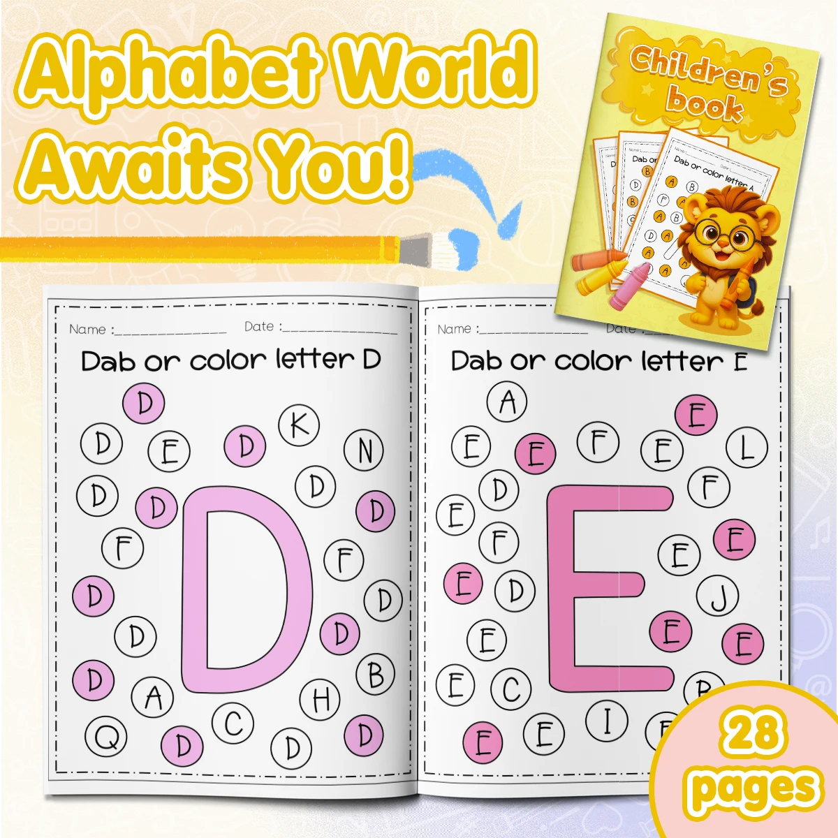 Children's alphabet coloring book, cute cartoon patterns, preschool early education workbook, boost your baby's hands-on skills
