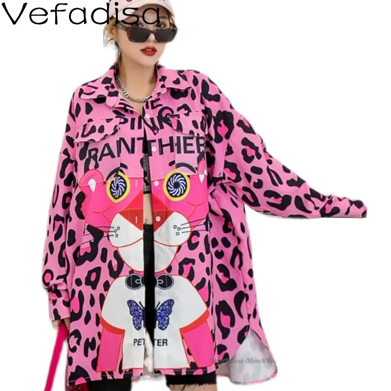 Vefadisa Fashion Leopard Pattern Women Blouse 2024 Spring Summer Cartoon Printed Casual Shirts Plus Size Female Blouse QYF5593