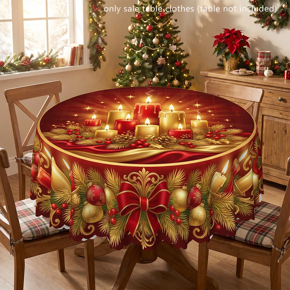 Round tablecloth, indoor and outdoor - Christmas wreath with candle print table cover with wreath pattern