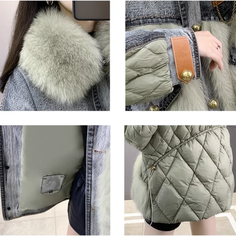 Winter Women Sewn Fur Jacket Fashion Imitation Fox Feather Down Cotton Padded Jacket Denim Jacket Short Style Overcoming Jacket