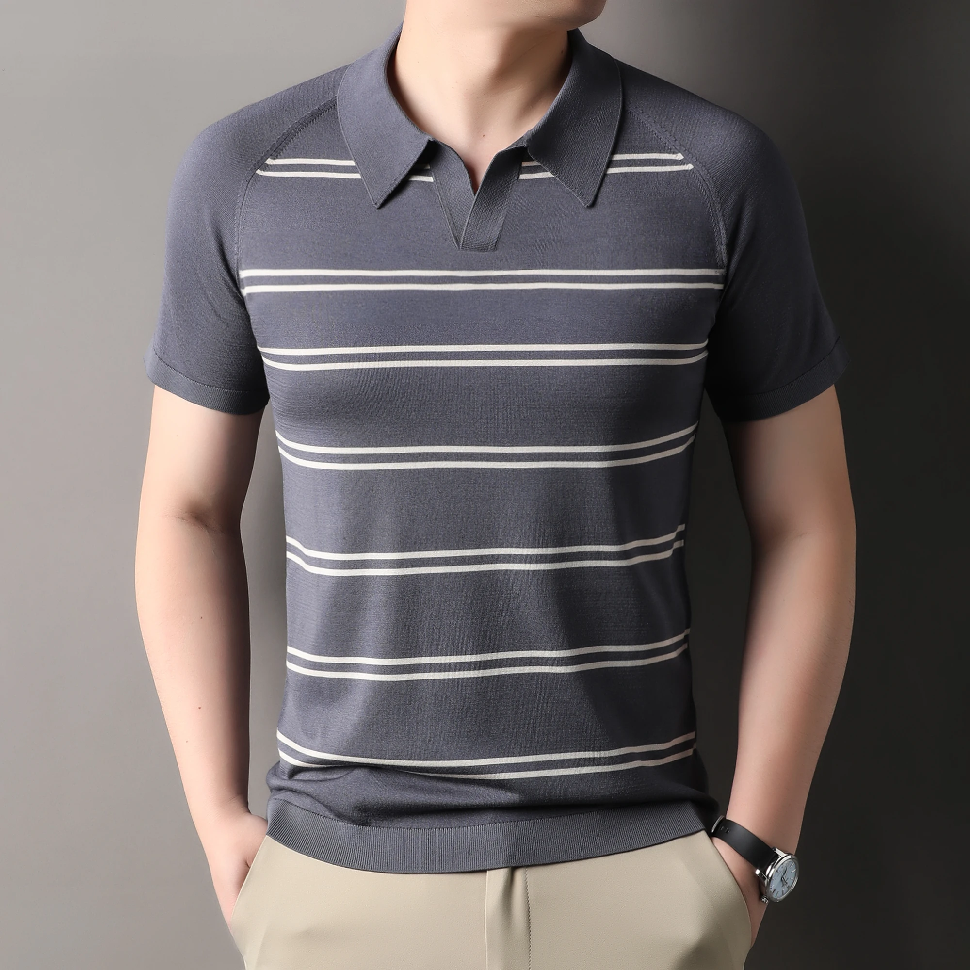 

Men Lyocell Cotton Tees 2025 Summer Casual Stripes Mulberry Silk Knitwear Short Sleeve Male Thin Breathable Silk Cotton Knit Top