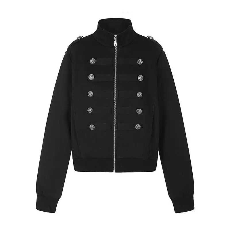 Women's Double Breasted Zip Up Hoodie Caot Stand Collar Cropped Sweatshirt Jacket Military Style Casual Spring Fall Outerwear