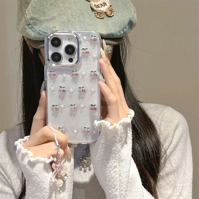 

Cute Epoxy Cherry Glitter Clear Phone Case For iPhone 16 15 14 13 12 11 Pro Max Plus Sequins Glitter Back Cover Women Girl