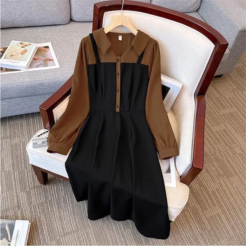 

Korean Female Fake Two Pieces Long Dresses Women New Large Size 4XL Vestidos Spring Autumn Ladies Patchwork V-neck Maxi Dress