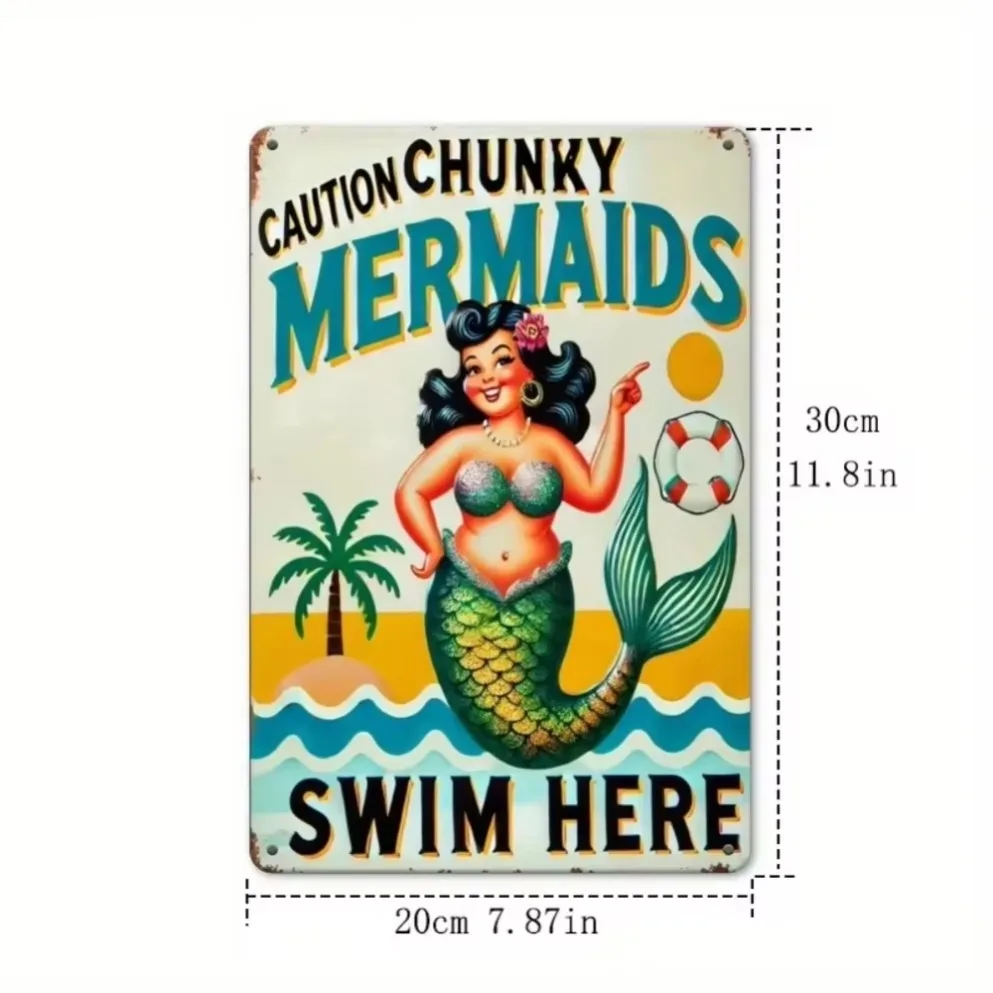 1PC "Caution Chunky Mermaids" Vintage Metal Wall Art | 2D Humorous Beach Scene with Palm Tree & Sun Design for Pool, Bathroom,