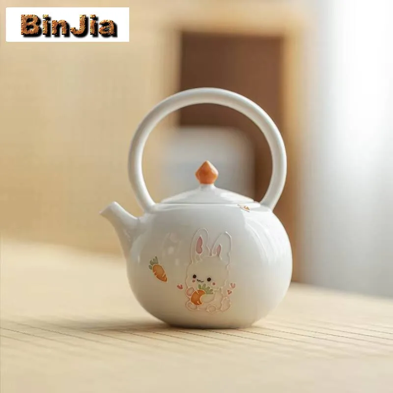 250Ml Hand-Painted Cute Rabbit Hoop Handle Teapot Jade Clay White Porcelain Pot Tea Making Kettle With Ball Hole Filter Teaset