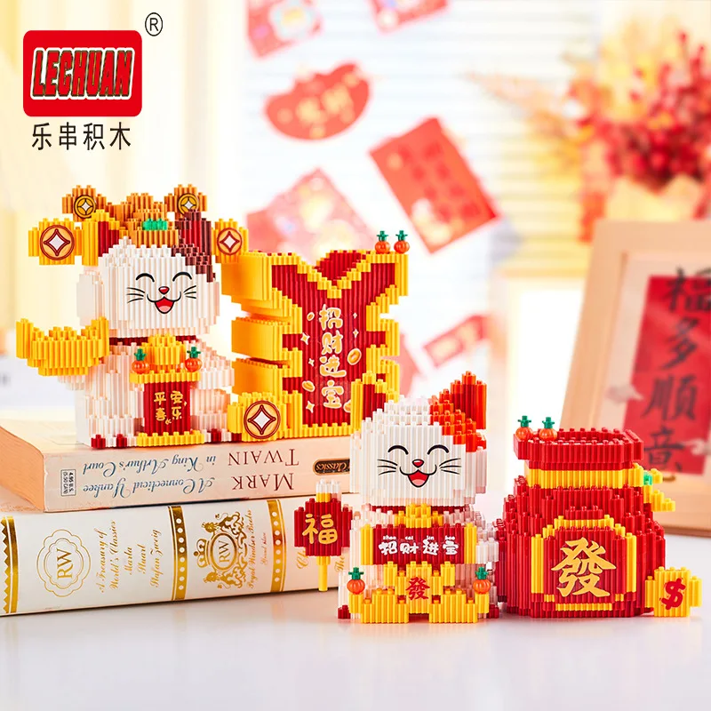 Linkgo Maneki Neko Pen Container Building Block Lucky Cat Rich Cat Connection Model God of Wealth Mini Bricks Figure Toys Gift