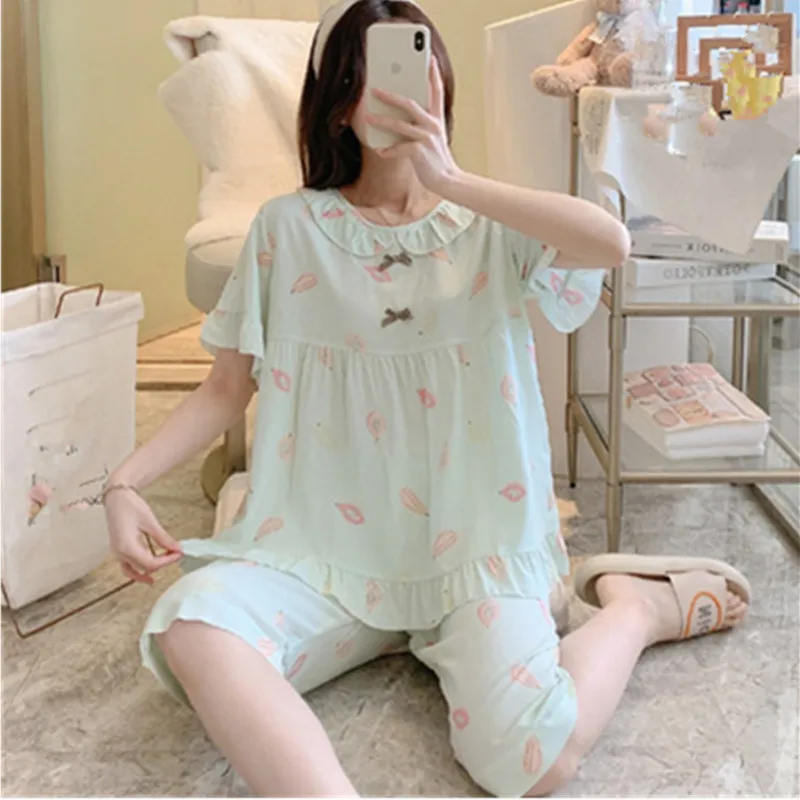 UHYTGF Pajamas Women's Printed Cotton Silk Thin Home Clothes Female Summer Two-Piece Set Sleepwear Sweet Student Nightgown 2474