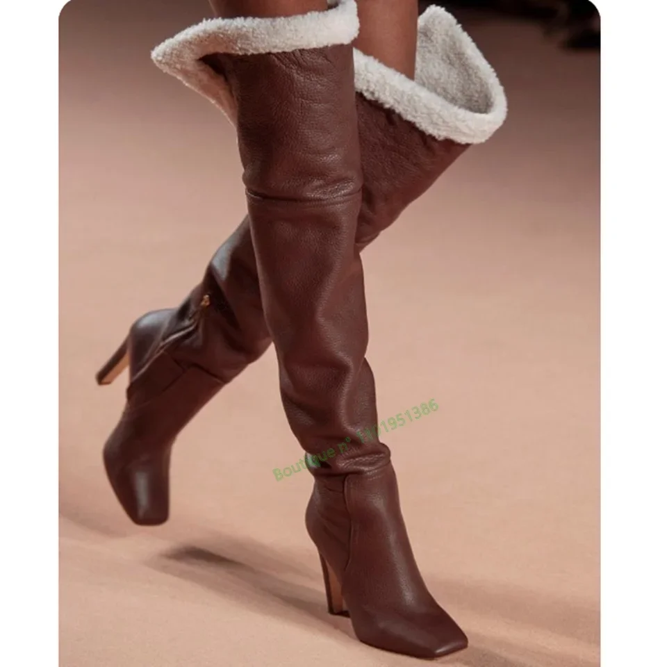 

Brown Plush Long Boots High Heels Over the Knee Ankle Buckle Shoes for Women High Heels Wedding Shoes 2023 Zapatos Para Mujere