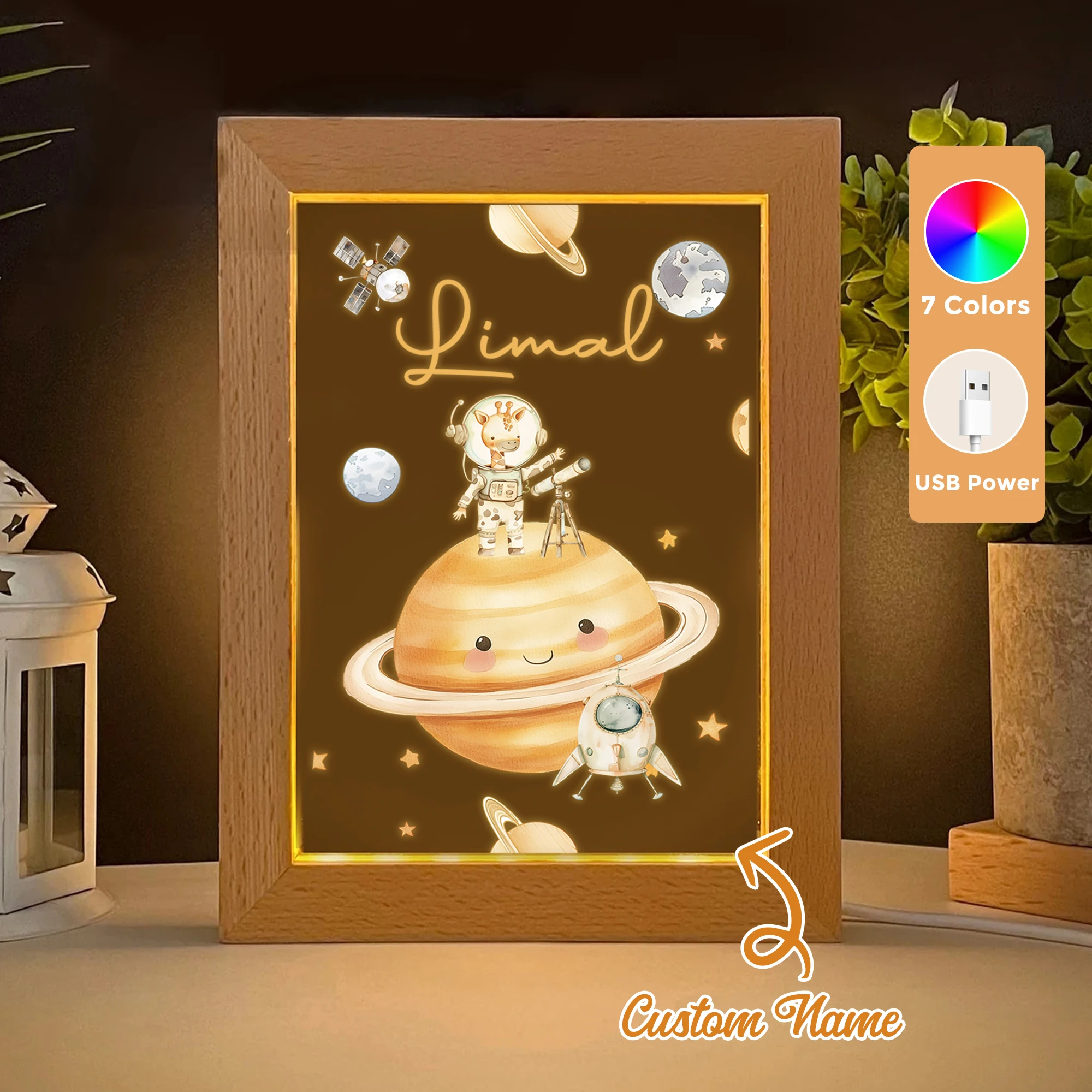 

2D Flat Custom Name Deer Astronaut LED Acrylic Night Light Wood Photo Frame 21x17cm Cartoon Children Bedroom Gifts Home Decor