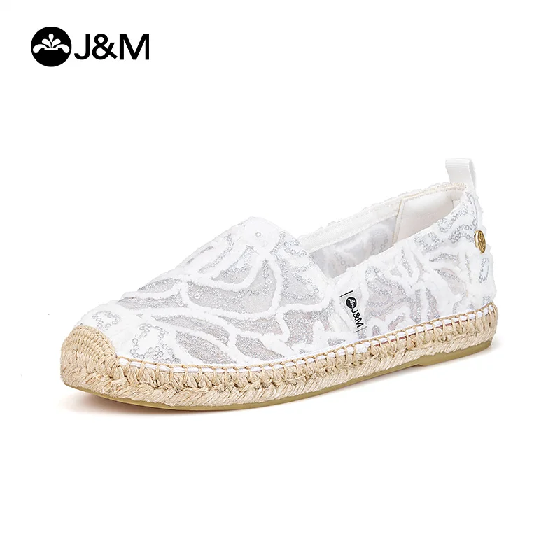 

2025 J&M Women Loafers Fashion Handmade Fisherman Shoes Summer Lace Mesh Shoes Espadrilles Slip-On Casual Shoes White Sneaker
