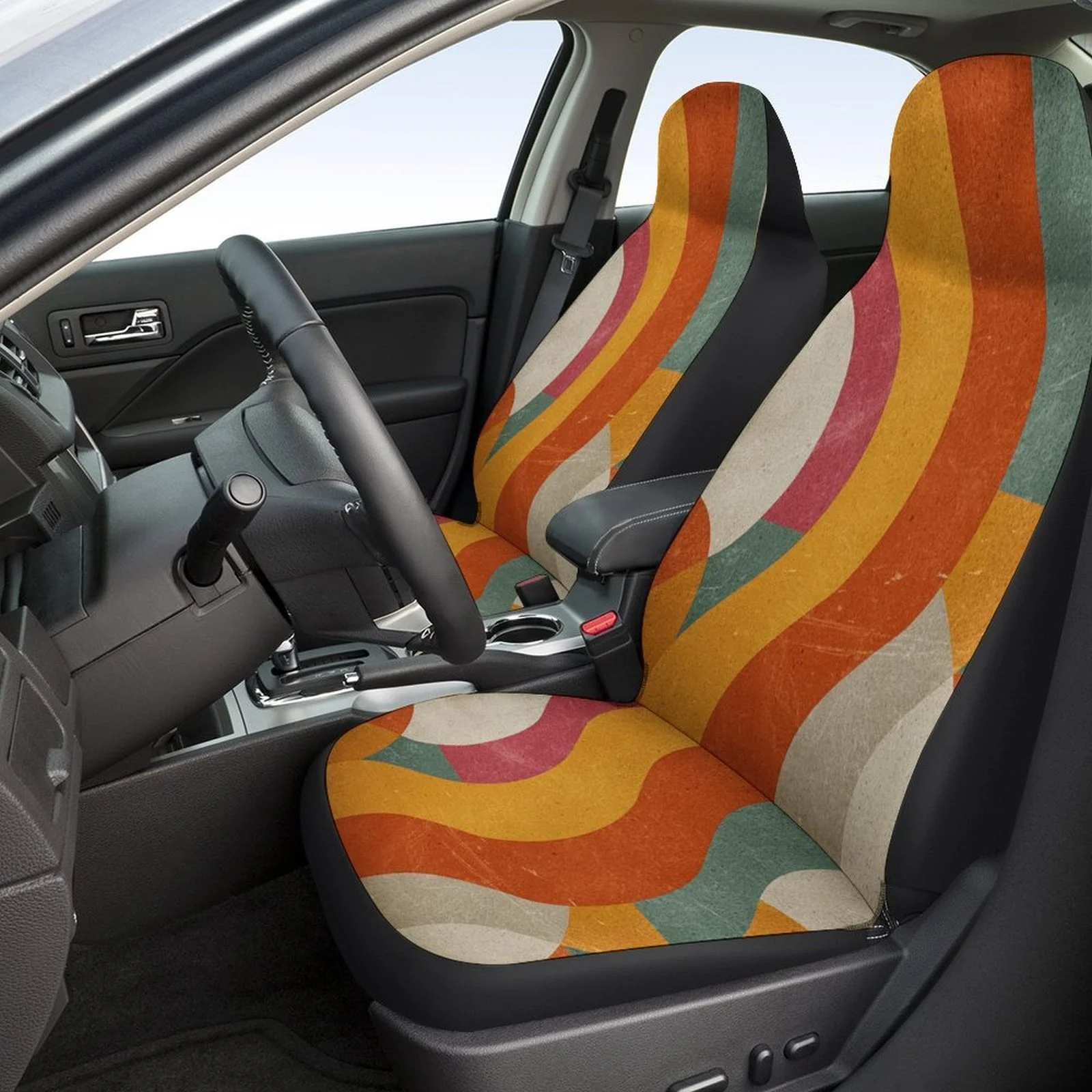 Vibrant Wave Artwork Car Seat Cover Set Suitable For Most Vehicles, Stylish And Unique High-Quality Seat Protectors, Complete Se