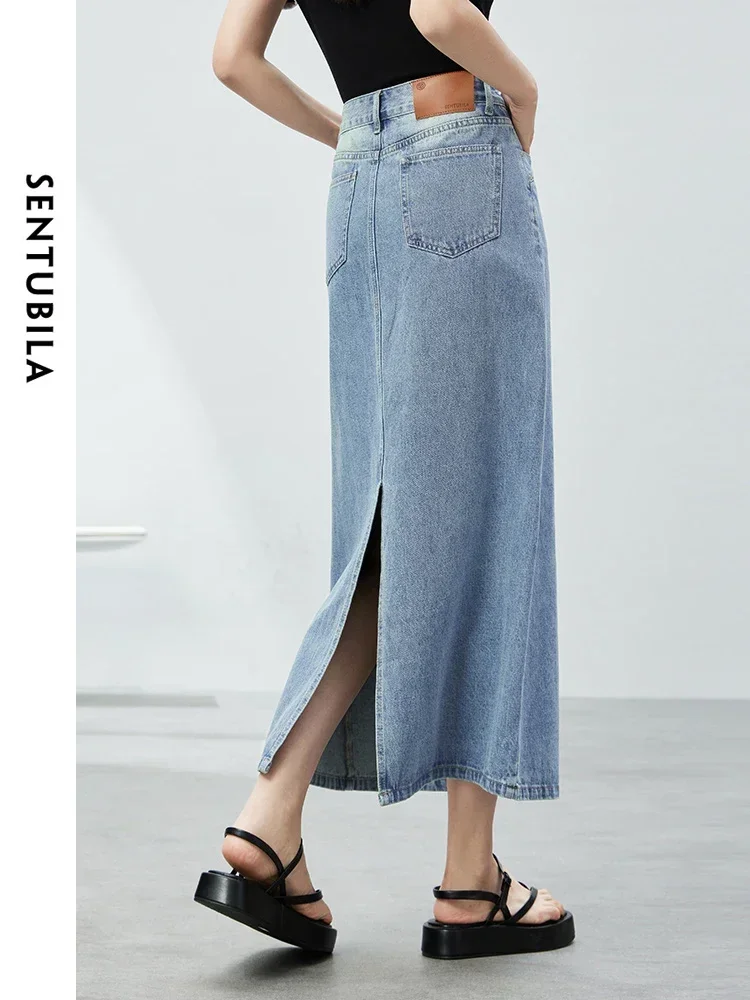 SENTUBILA Women Cotton 100% Long Denim Skirt 2024 Summer Loose Simple Straight High Waist Split Casual Maxi Skirts W42Q54692