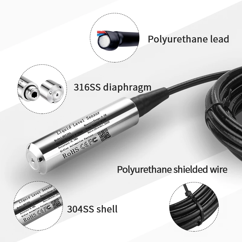 Liquid Water Level Sensor 0 10V 4 20ma RS485 1m/2m/3m/4m/5m Range with 0-5m Cable Submersible Water Level Sensor 24V