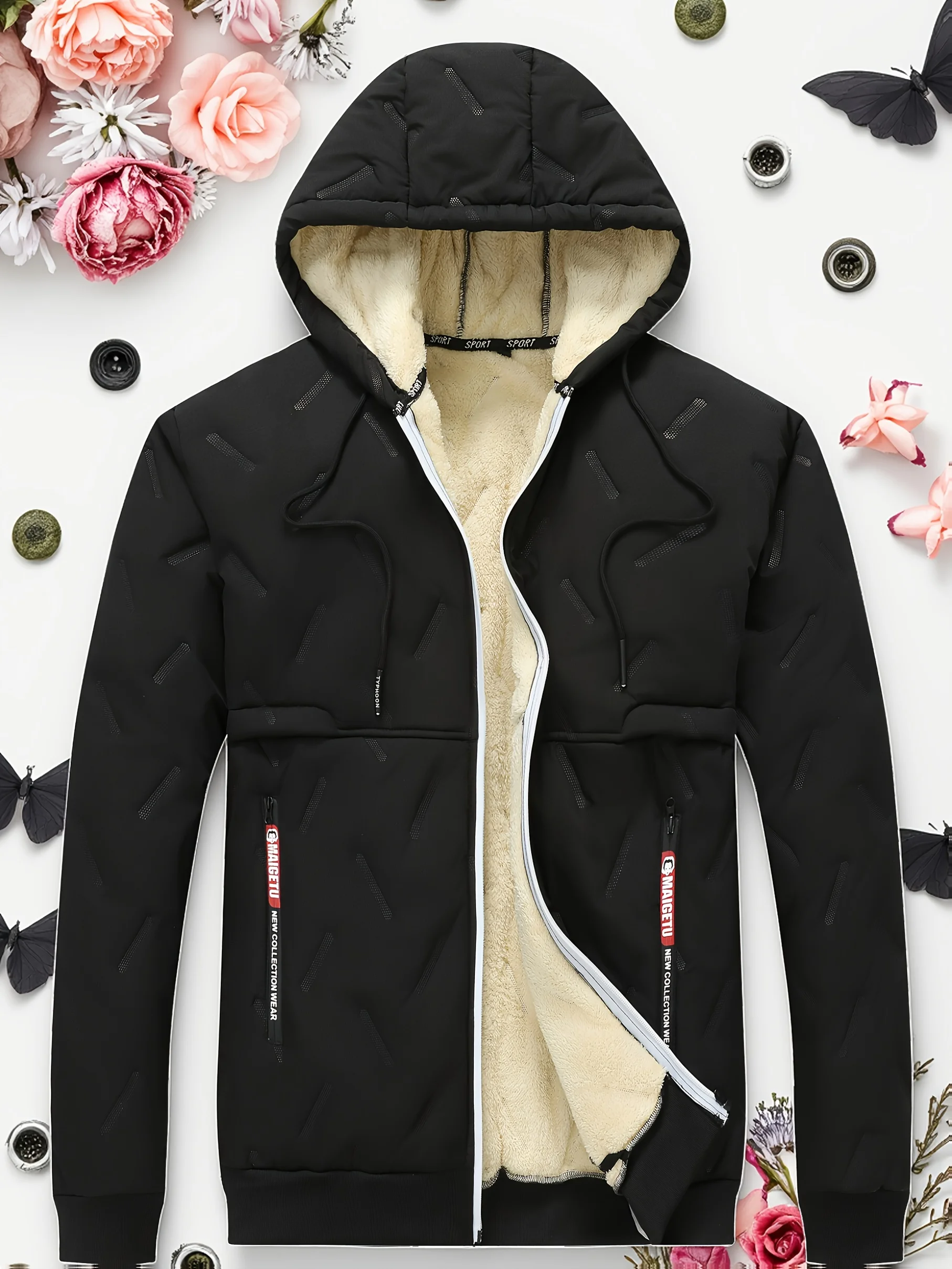 

Мужская черная флисовая куртка с капюшоном, застежкой-молнией на всю длину и карманом на молнии — зимнее теплое пальто из 100% полиэстера