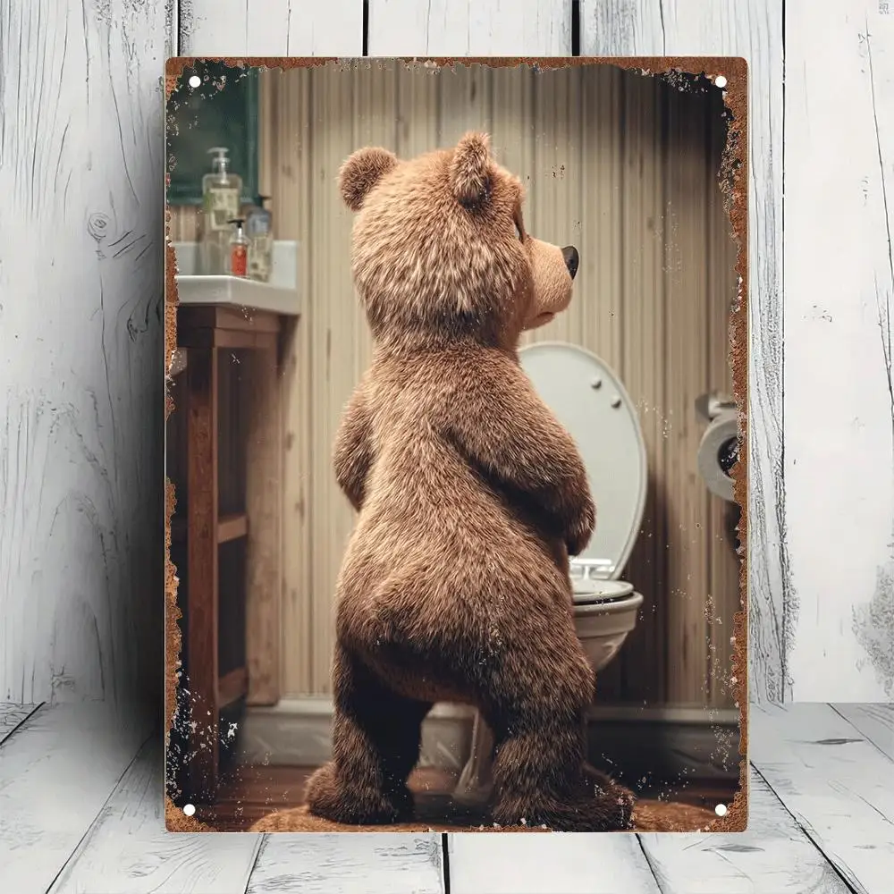 This Gift Is Suitable for Easter and Carnival, Vintage Bear Standing on Hind Legs Using Toilet Metal Wall Art- Rustic MetalSign