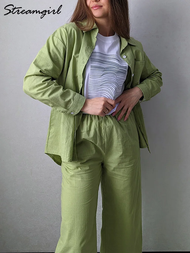 Stremgirl Summer Cotton Linen Two Piece Suit For Women Loose Shirts And Short Wide Leg Pants 2 Pieces Set Linen Women Suit