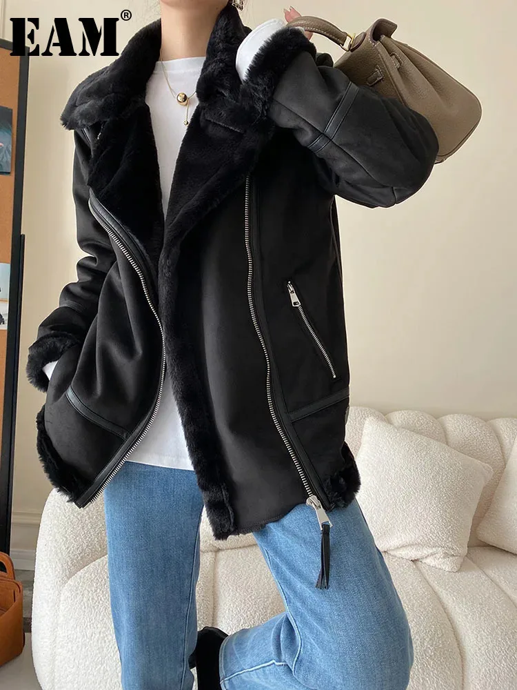 

[EAM] Loose Fit Black Thick Warm Big Size Faux Fur Jacket New Lapel Long Sleeve Women Coat Fashion Autumn Winter 2024 1DF3349