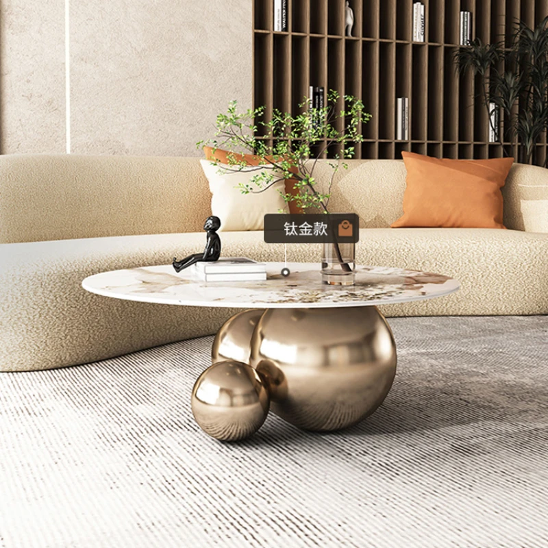 Bright Stone Plate Coffee Table Small Apartment Simple Stainless Steel Tea Table Italian Designer Round Table