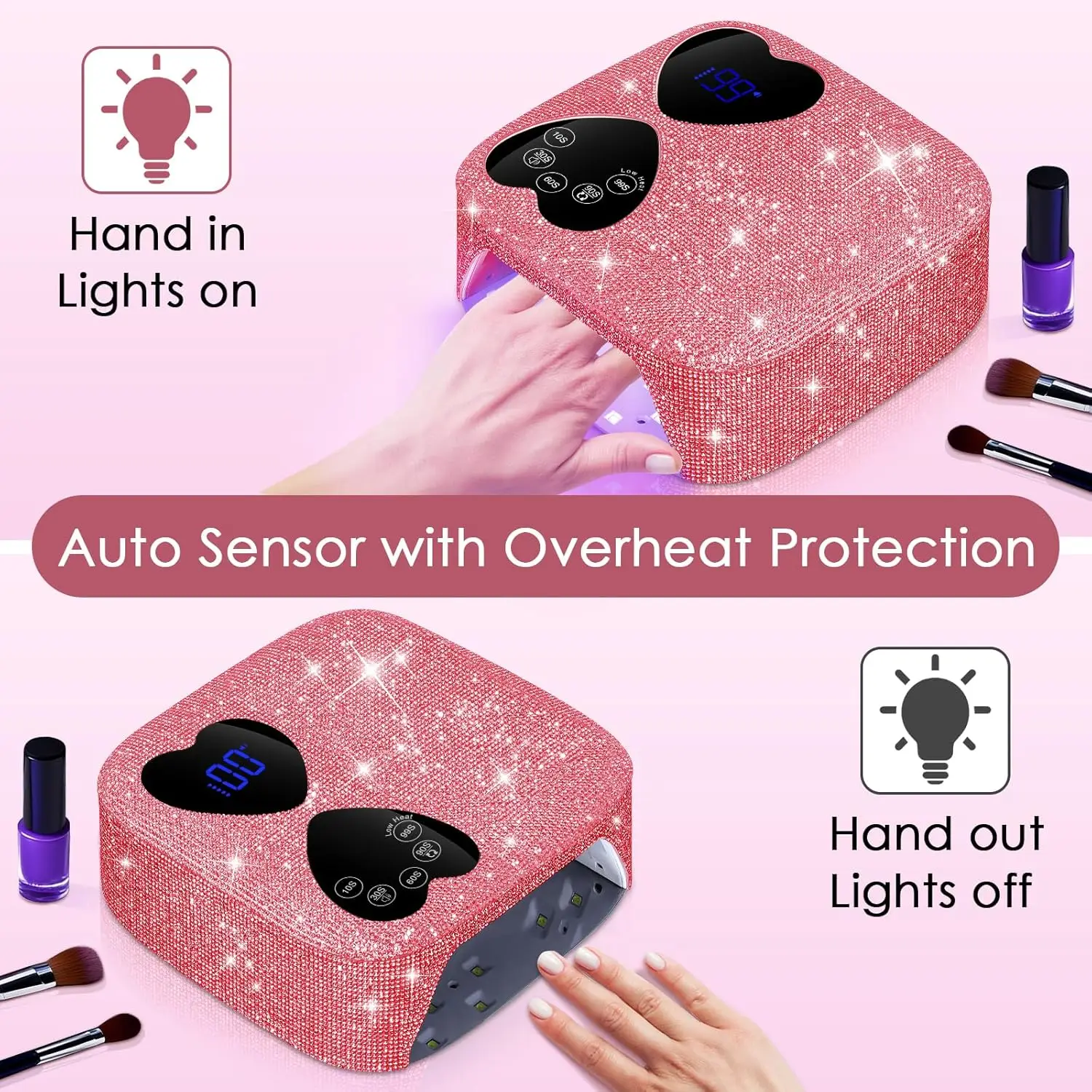 80W Cordless UV LED Nail Lamp with 5 Timers, Mirror Base & Sparkling Rhinestones for Gel Polish Drying