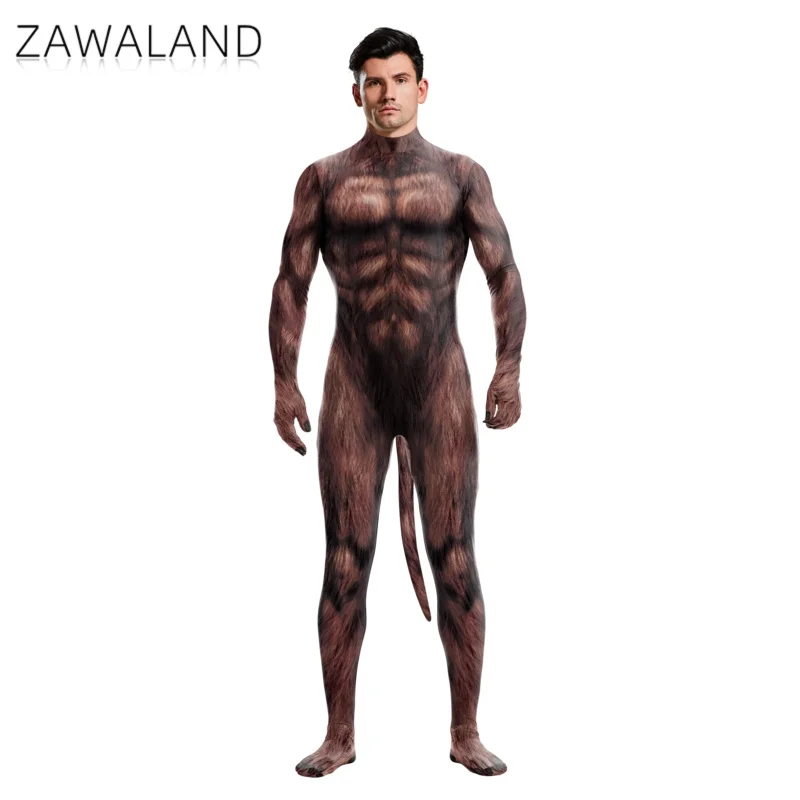 Zawaland Halloween Party Funny Cosplay Costumes Animal Wolf 3D Printed Bodysuit Zentai Full Cover with Tail Jumpsuits Catsuits