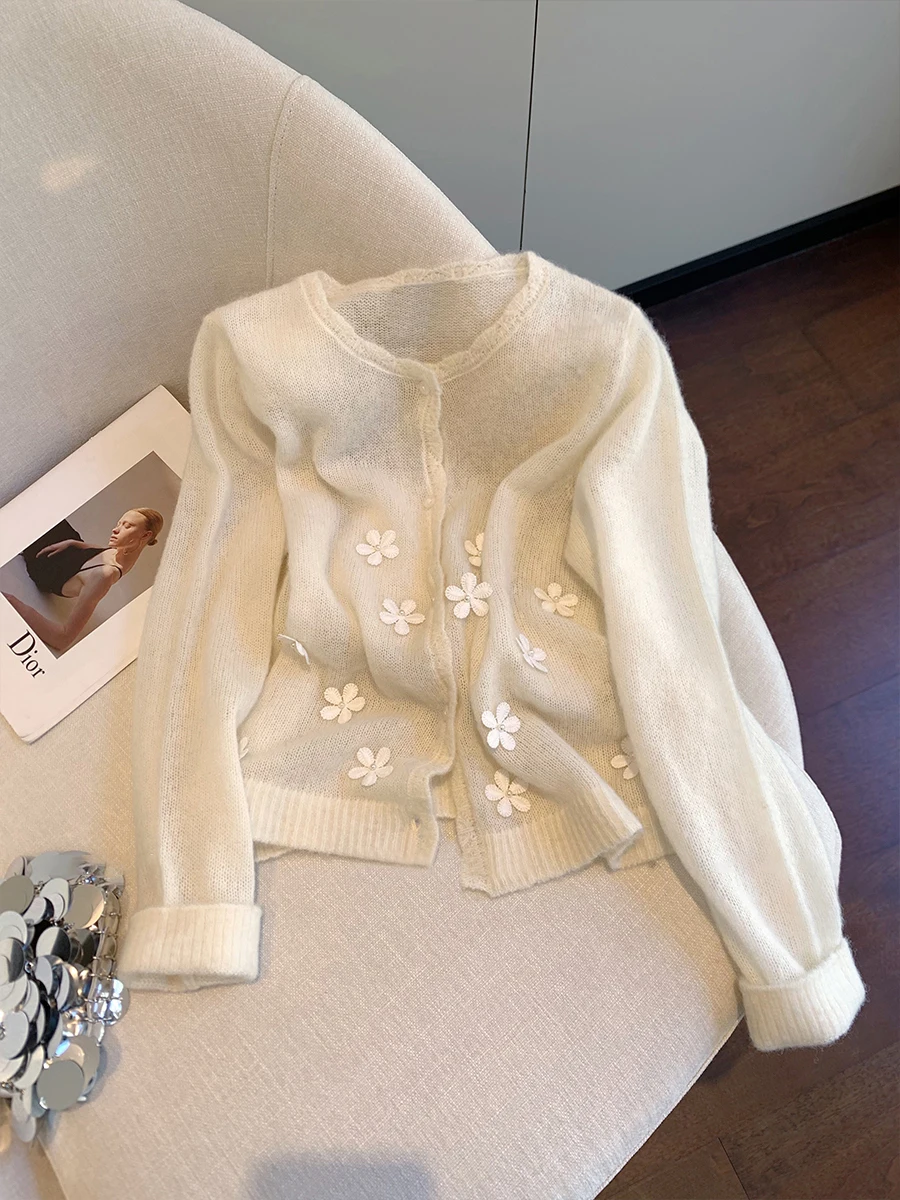 

Модный вязаный кардиган, милый 3D цветочный дизайн, мужской красивый универсальный осенний топ, повседневный, средний, мягкий, длинный, Sl...