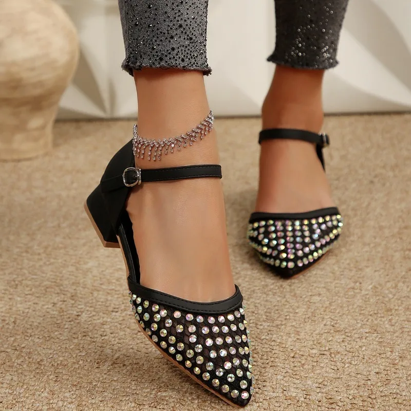Breathable Rhinestore Mesh Ankle Strap Sandals Women Summer 2026 Pointed Toe Thick Medium Heel Sandals Women Crystal Nude Pumps