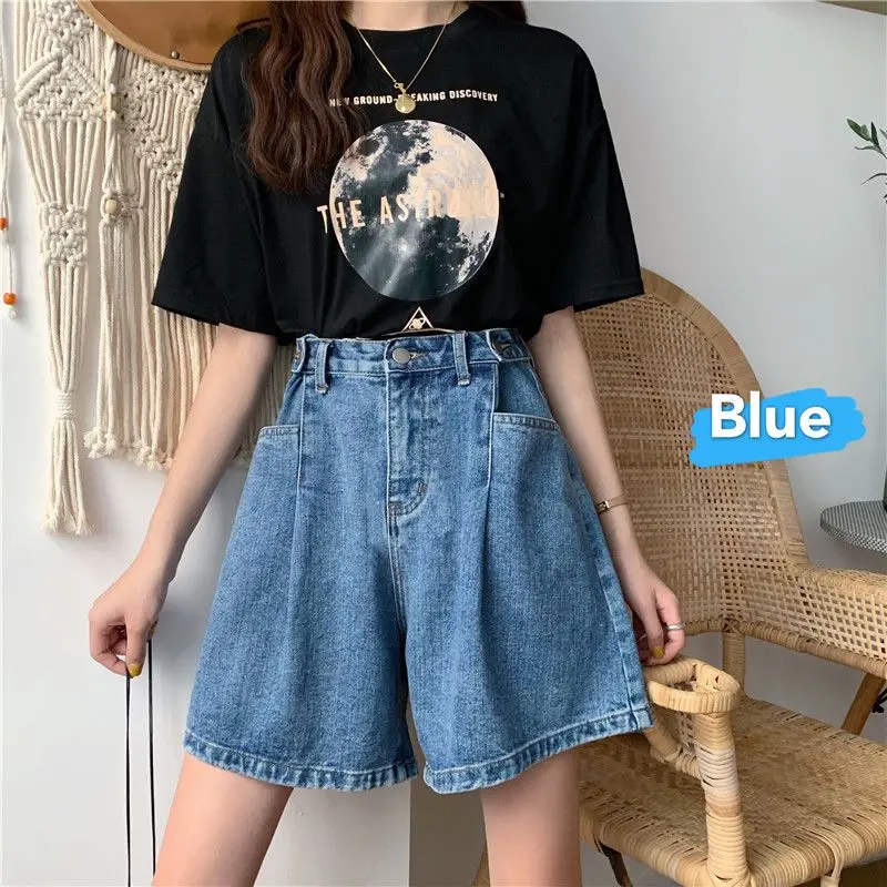 Instagram Denim Shorts, Loose Fitting Women\'s Summer New Retro High Waisted Wide Leg Pants Slimming and Versatile Hot Pants