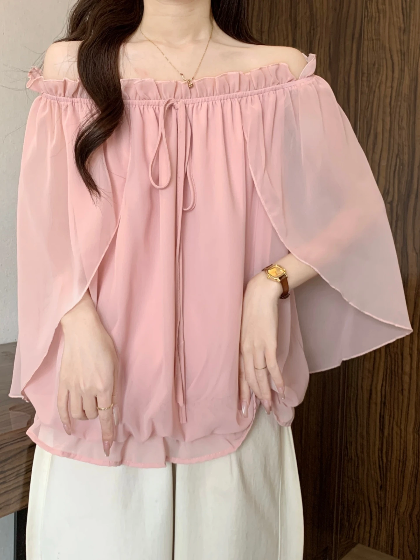 

Shoulder Bared Long Sleeve Chiffon Shirt Women's Summer 2026 Large Size Beautiful Top Sun Protection Air Conditioner Cover Shirt