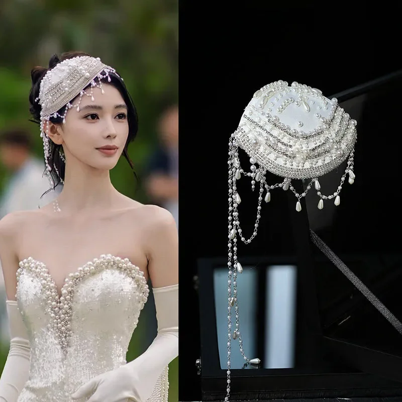 Pearl & Rhinestone Tassel Headpiece - Elegant Bridal & Formal Event Headdress for Wedding, Red Carpet, Photoshoot