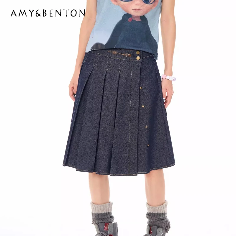 

Американская ретро-юбка в студенческом стиле, плиссированная джинсовая, весна-лето 2026, новая, с завышенной талией, повседневная, А-силуэт, короткая, женская