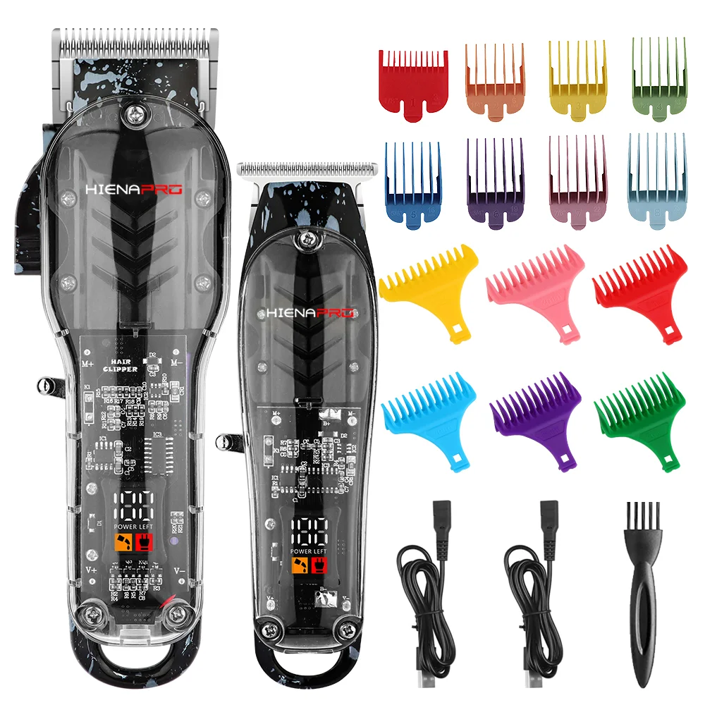 HIENA PRO Professional Clear Shell Hair Clipper And Outline Trimmer Kit Visable Circuit Board LCD Power Display Rechargeable Haircut Set With Multi Color Limit Combs For Barber Shop Family Use