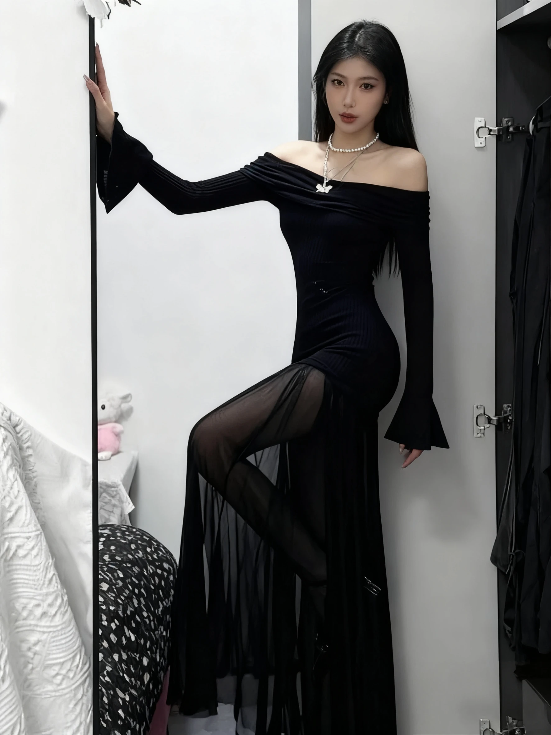 Vestidos de manga comprida das mulheres vestido topos para mulher primavera chiffon cauda manga comprida artístico fora do ombro emendado em camadas y2k