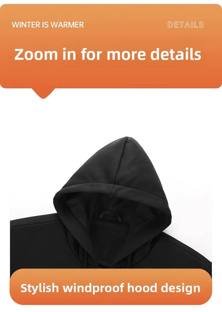 Selbstheizende Jacke für Herren und Damen, Sweatshirts, Kapuzenpullover, 26 Heizzonen, USB-beheizte Kleidung, kältebeständig, zum Skifahren, Campen und Wandern. – Detail 10