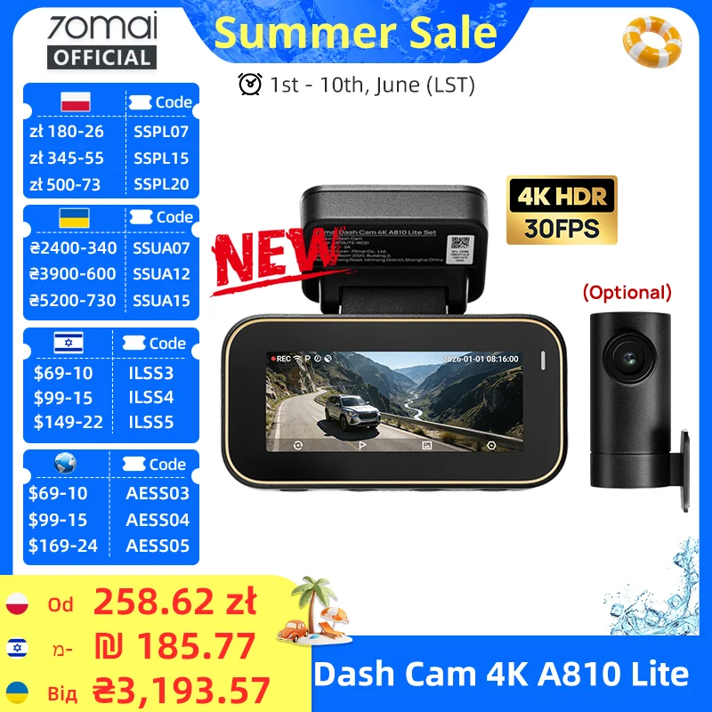 70mai New Genuine Dash Cam 4K A810Lite HDR Supercapacitor 4G LTE Remote Control Wi-Fi 6 GPS Voice Control Car DVR 70mai A810Lite