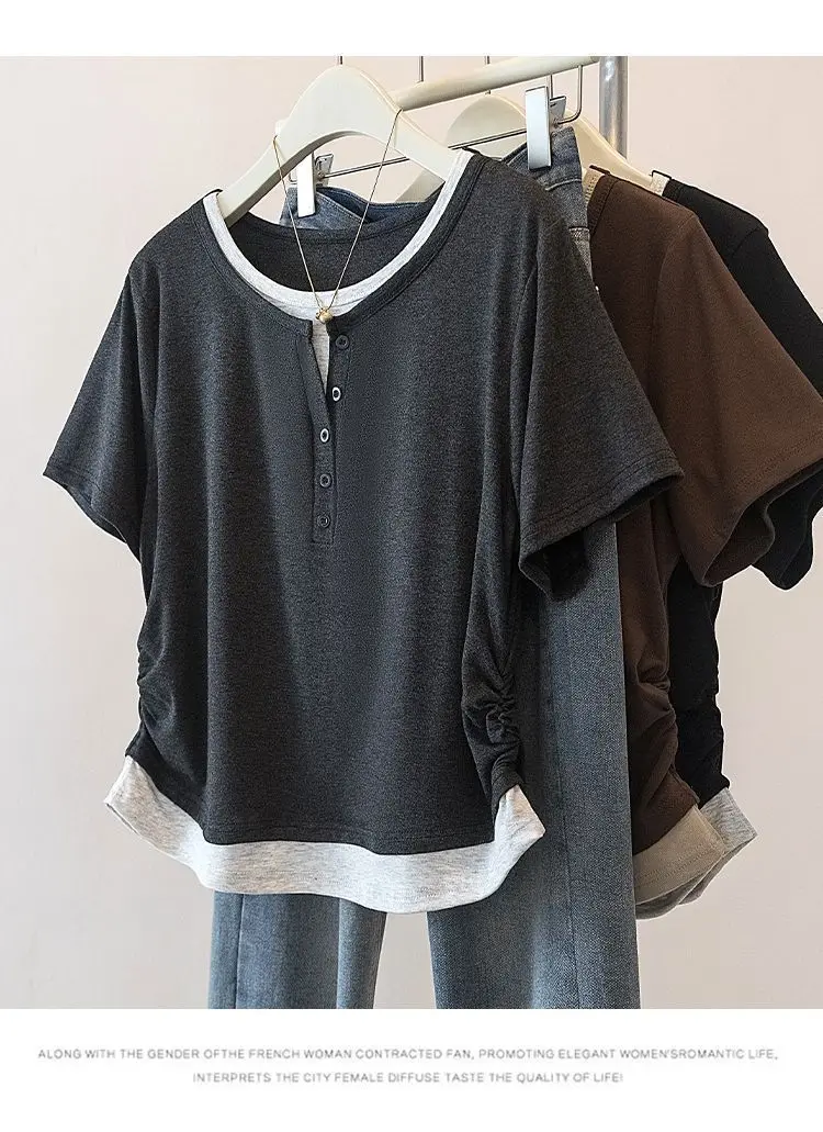 Large size women's clothing spring and summer best-selling splicing versatile contrasting color round neck short-sleeved t-shirt