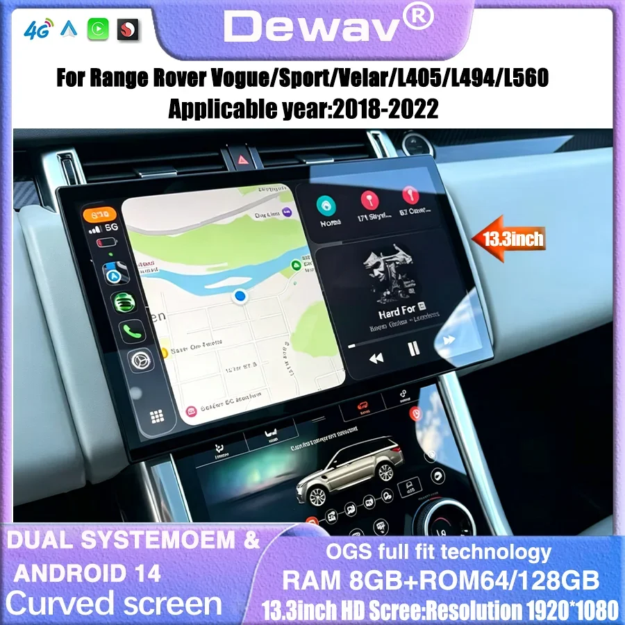 13.3 inch Curved Screen Radio Carplay 4G For 2018-2022 Range Rover Vogue/Sport/Velar/L405/L494/L560 Qualcomm Android 14