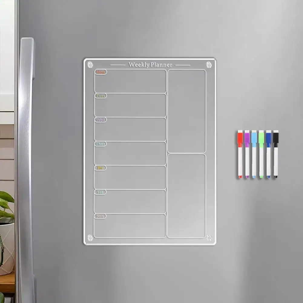 Magnetic Fridge Board Acrylic Magnetic Weekly Meal Planner Calendar Board for Kitchen Fridge Scratch-proof Whiteboard Menu