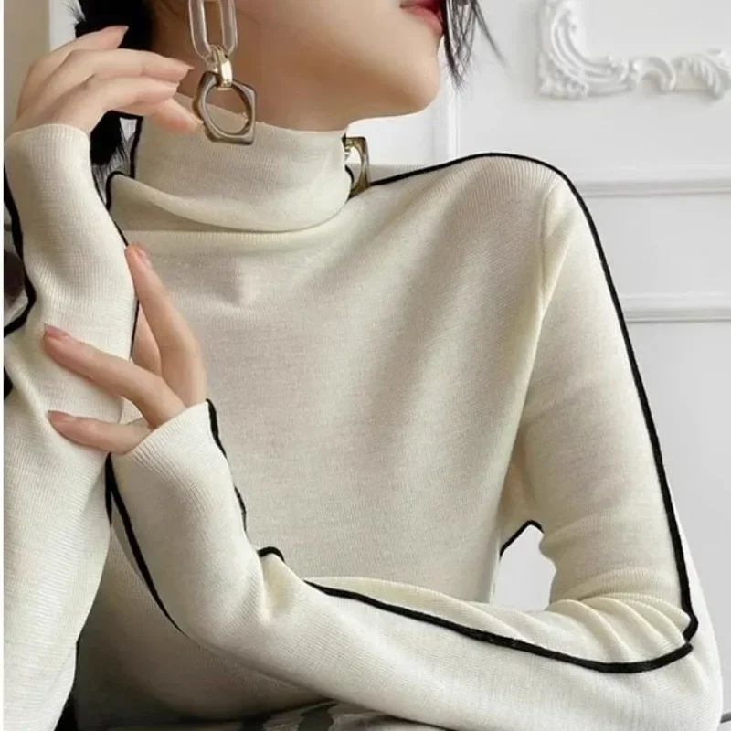 New Slim Fit Turtleneck Knitted Pullovers Women Autumn Winter Fashion Long Sleeved Top Elegant Office Lady Black White Sweaters