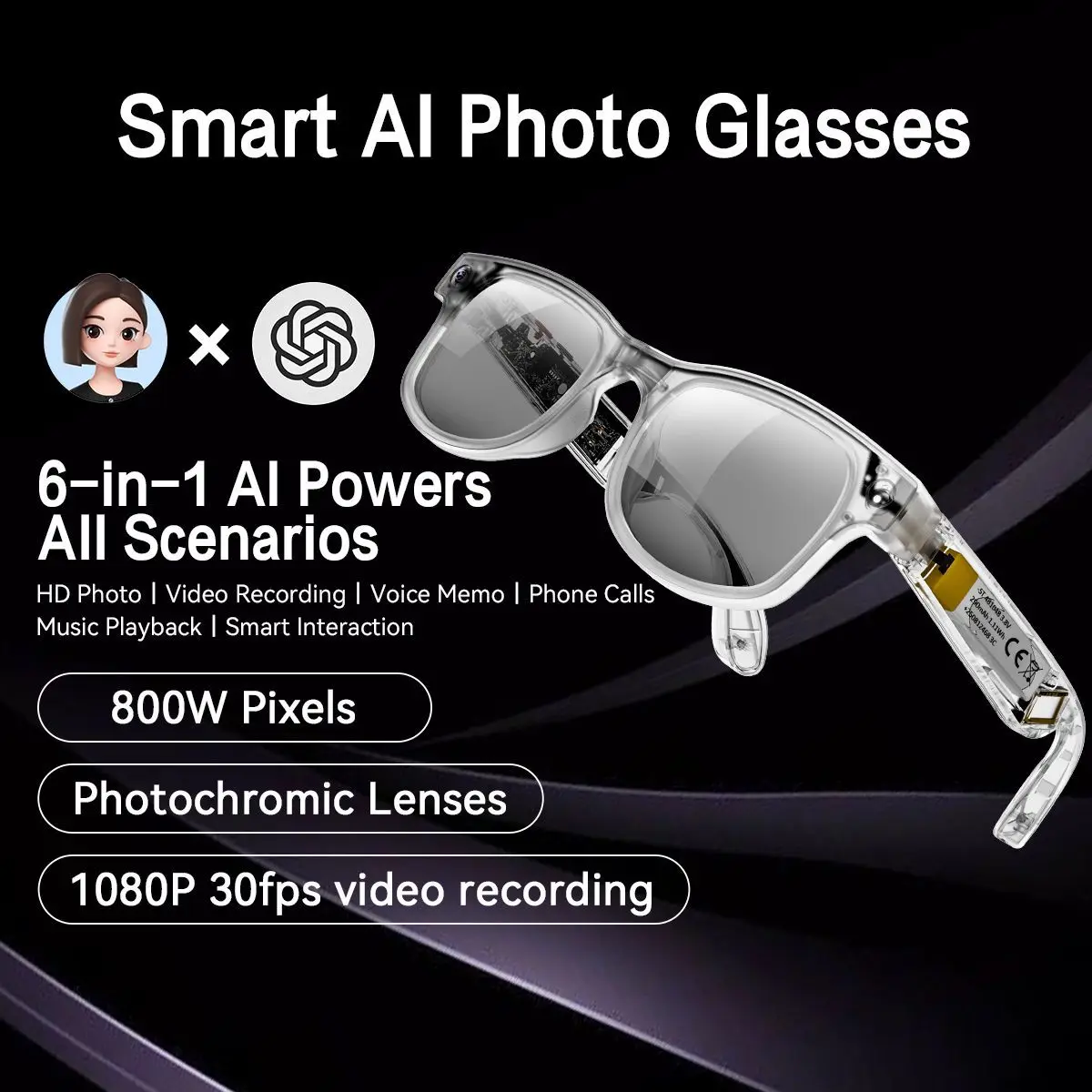 G2 Smart Glasses 800MP Anti-shake Camera Video Bluetooth Music Real-time Translation Cycling Eyewear