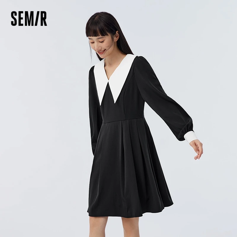 Semir Dress donna contrasto collo a punta abito plissettato francese elegante delicato primavera 2023 stile Hepburn temperamento manica a bolle