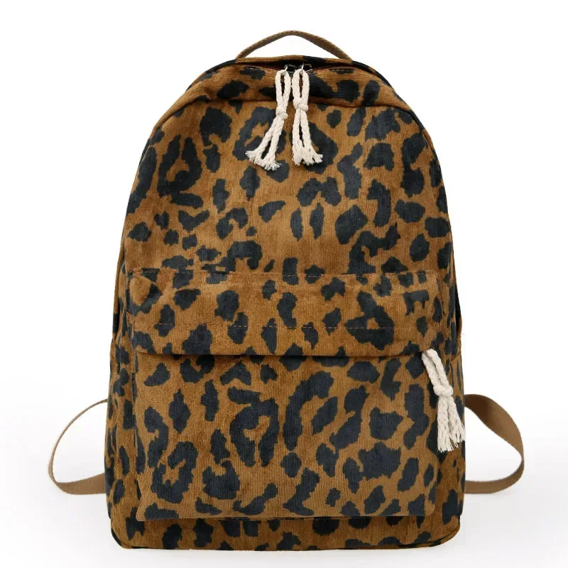 Leopard Print Soft Backpack Portable Large-capacity Student Corduroy Double Shoulder Schoolbags Bag