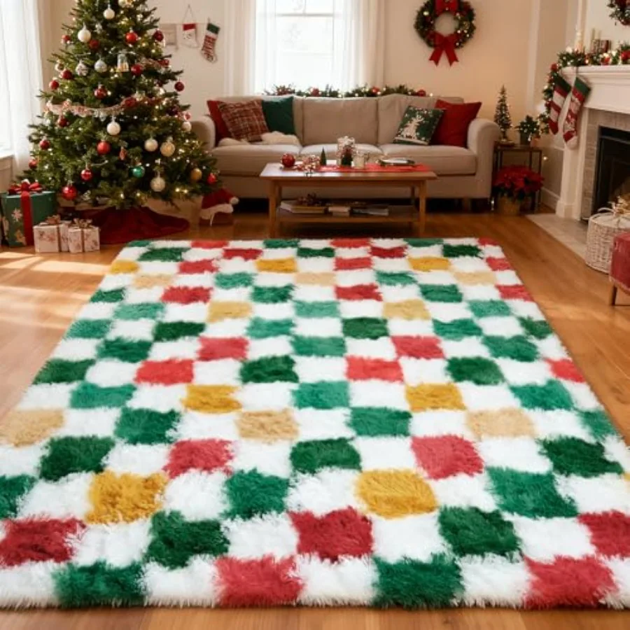

Christmas-themed 8x10 area rug perfect for bedroom and living room checkered shag design with soft plush texture ideal for indo