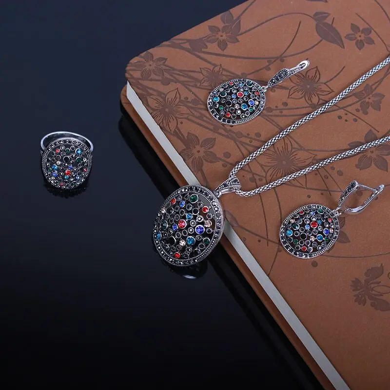 Ajojewel Colorful Rhinestone Jewelry Sets For Women High Quality Oval Shape Ring Earrings and Pendant Necklace Retro Items