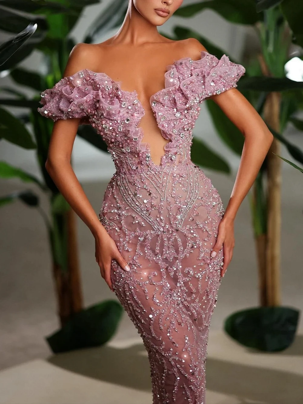 Illusion Mesh Sequins Evening Dress Fashion Beaded Luxury Off the Shoulder Customized Women Party Prom Gown Formal Occasions