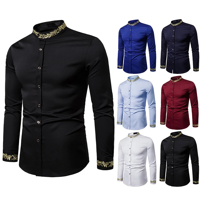 

Men's Gold Embroidery Dress Shirts 2023 New Brand Mandarin Collar Slim Fit Long Sleeve Shirt Men Party Wedding Dinner Chemise