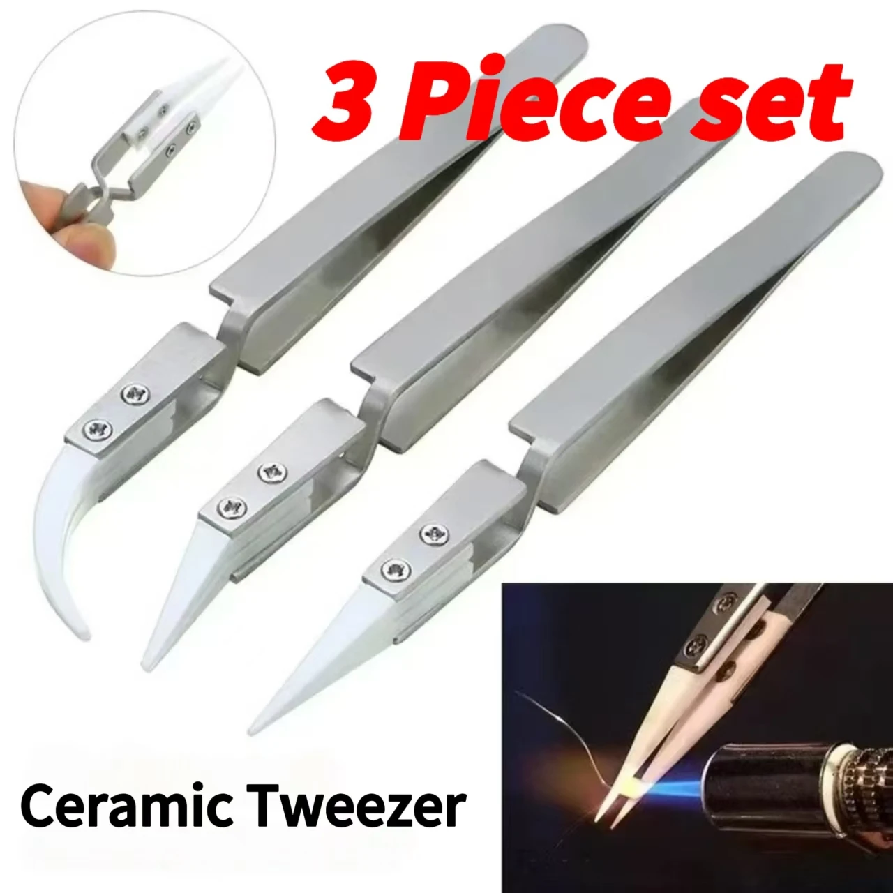 1-3pcs Ceramic Tip Stainless Steel Tweezers; Hot Tip Heat Resistant Acid Resistant Tweezers; Electronic Soldering Tweezers.