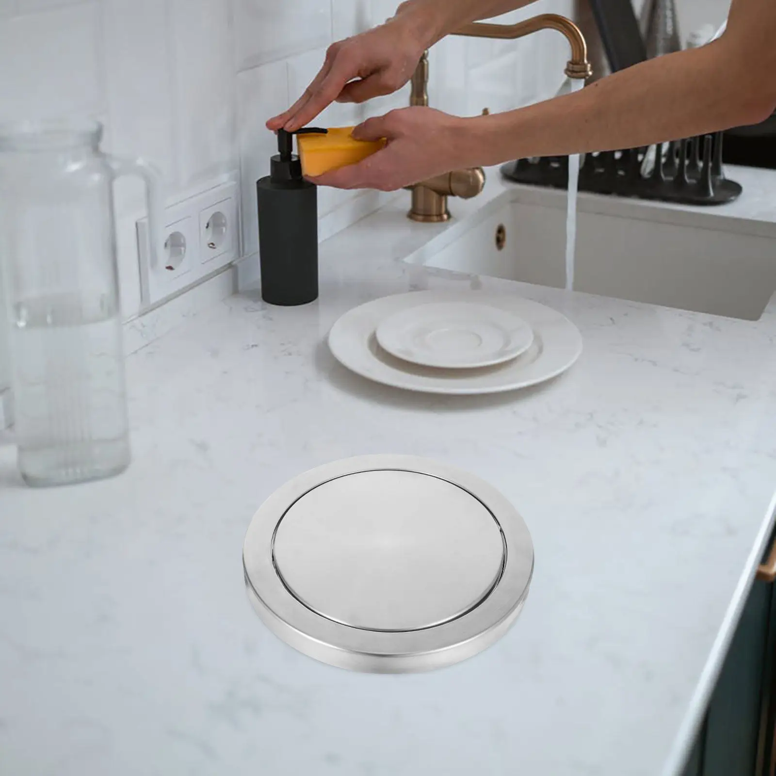 Stainless Steel Recessed Trash Bin Lid Swing Flap Countertop Waste Cover Embedded Flush-Mount Design for Kitchen Bathroom Hotel