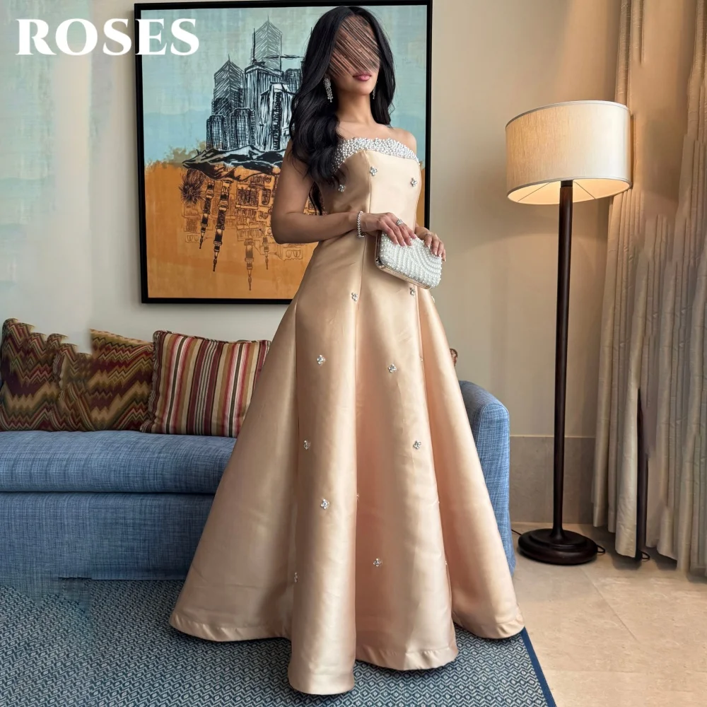 Suknia wieczorowa ROSES Champagne, bez ramiączek, w stylu gwiazd, bez rękawów, damska, z koralikami, satynowa, formalna, szyta na miarę.